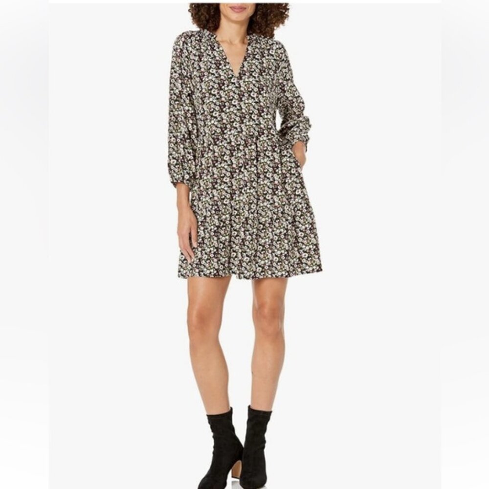 The Drop x Caralyn Mirand Ruffle Neck Tiered Mini Dress Black & Floral Print